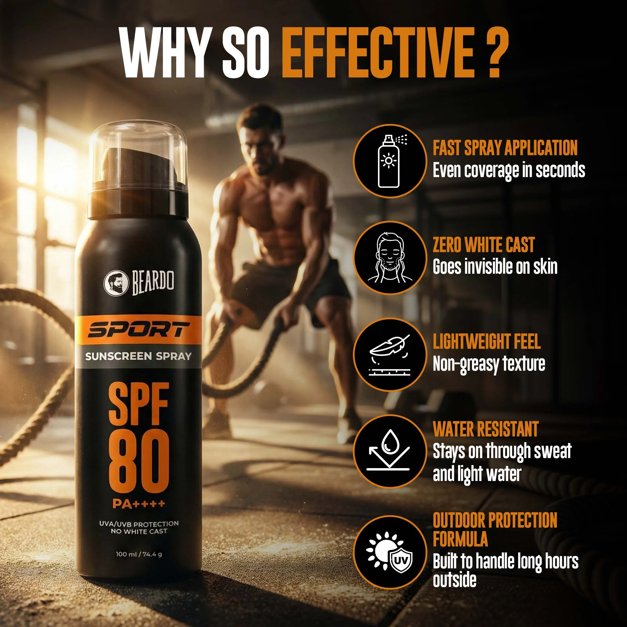 Beardo Sport Sunscreen Spray SPF 80 (100ml) - Image 6